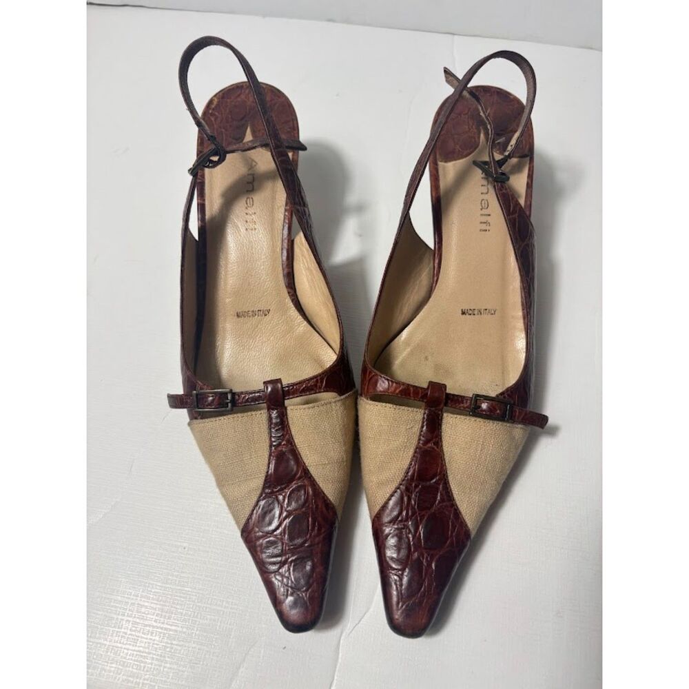 Amalfi Kitten Heels 8.5 Neutral Snakeskin Pointed Toe Mules 90s Y2K Shoes Buckle - Picture 3 of 6